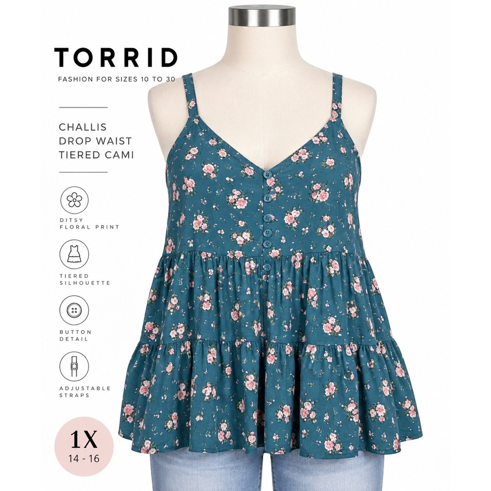 Torrid Challis Drop Waist Tiered Cami Ditsy Floral Bluesteel 1X 14-16 NEW
